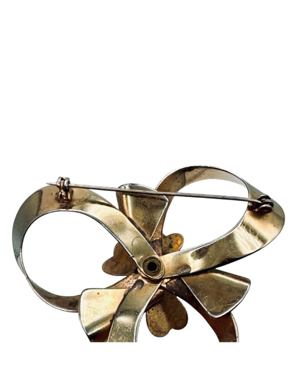 Vintage 1940s Ribbon Brooch Gold Tone Bow Pink Stone 2.5" - Picture 8 of 8
